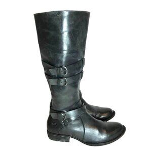 BORN Black Leather Tall Knee High Wide Calf Riding Boot Womens 7 Side Zip